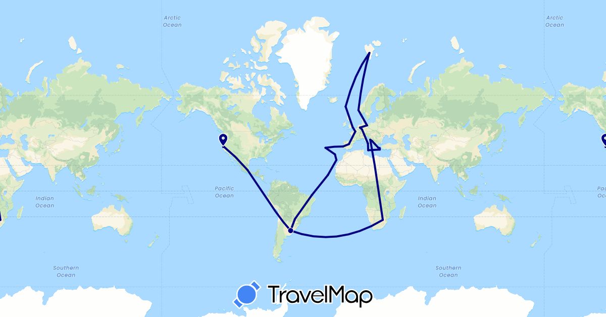 TravelMap itinerary: driving in Argentina, Brazil, Cape Verde, Germany, Spain, Faroe Islands, France, United Kingdom, Greece, Croatia, Italy, Malta, Mexico, Norway, Portugal, United States, South Africa (Africa, Europe, North America, South America)